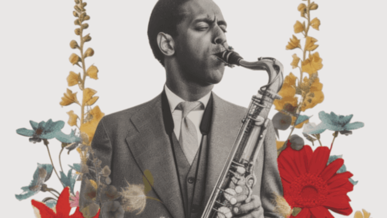 Vintage photo of a saxophone player framed by illustrated flowers