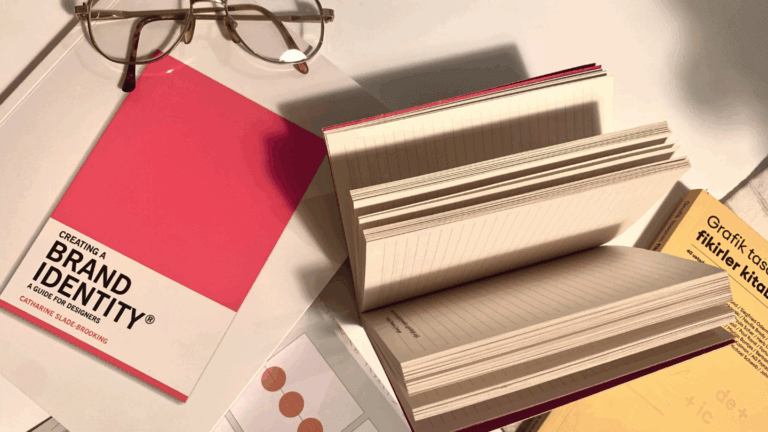 Brand identity books and printed guides open on a desk beside reading glasses